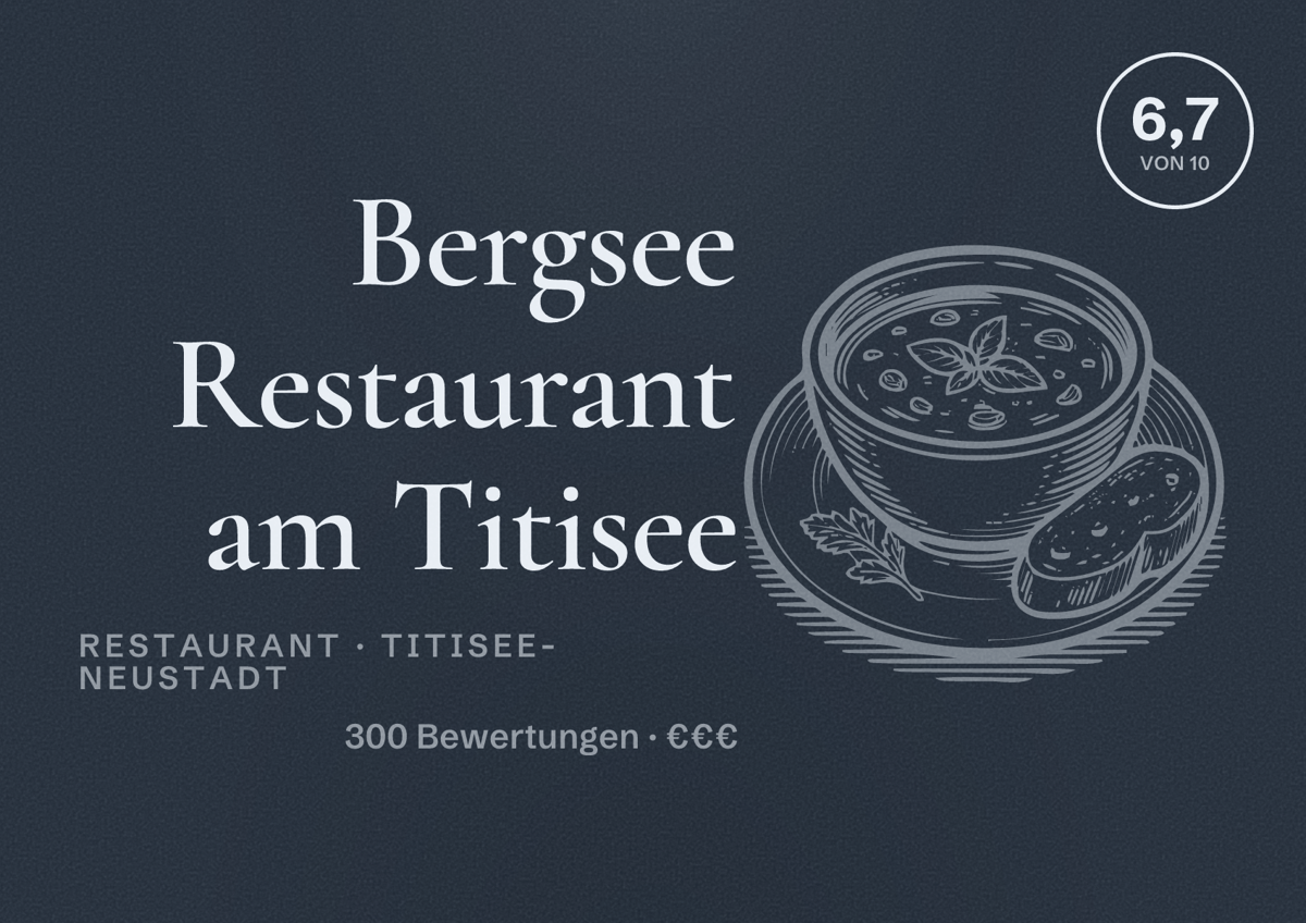 Illustriertes Poster von Bergsee Restaurant am Titisee, Restaurant in Titisee-Neustadt: Bewertung 6,7 von 10 aus 300 Bewertungen, Preisniveau €€€