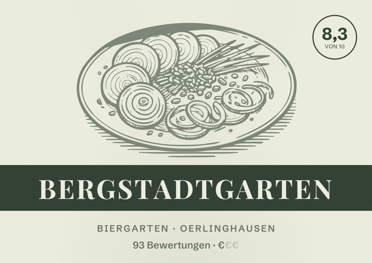 Illustriertes Poster von BergStadtGarten, Biergarten in Oerlinghausen: Bewertung 8,3 von 10 aus 93 Bewertungen, Preisniveau €