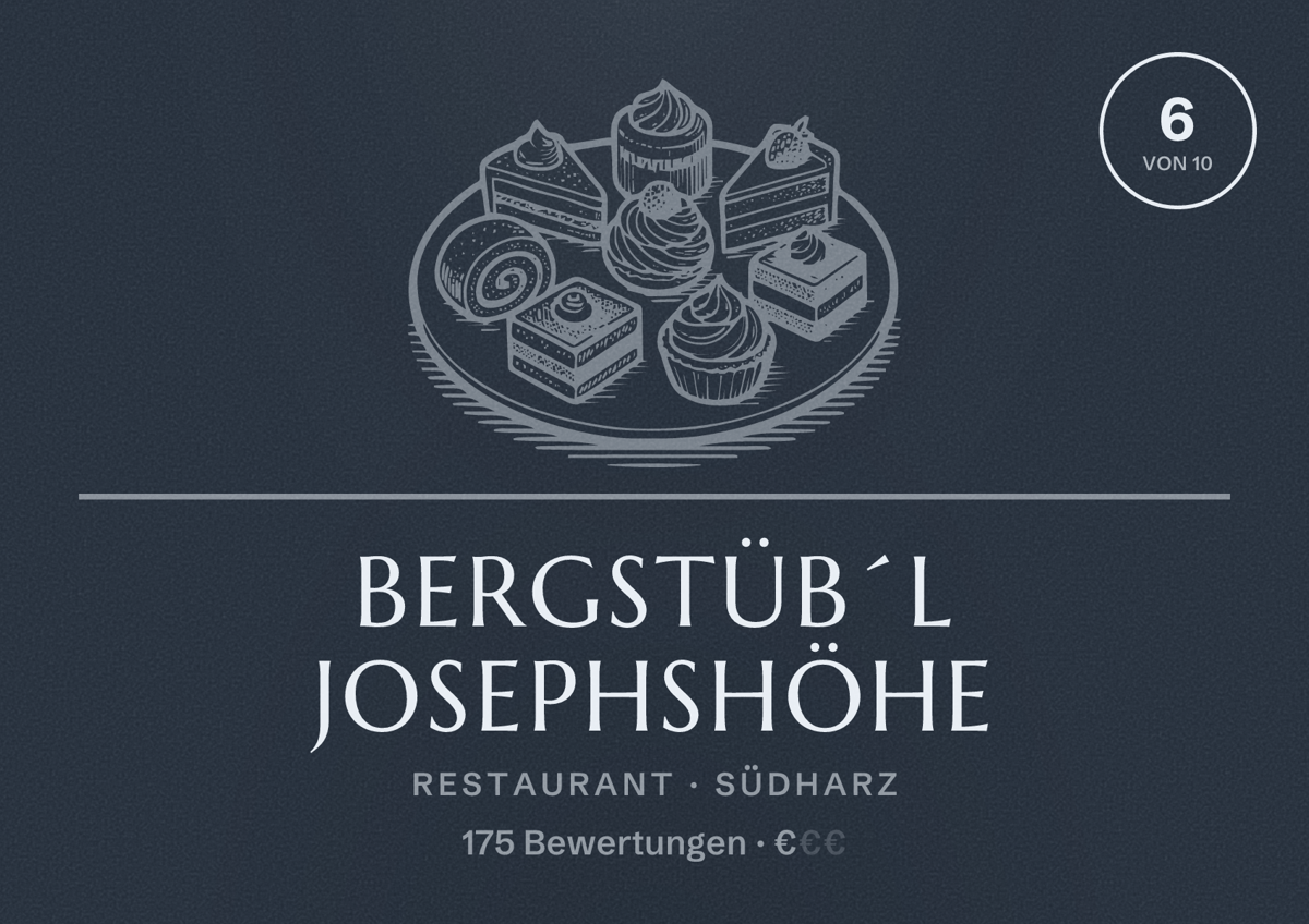 Illustriertes Poster von Bergstüb´l Josephshöhe, Restaurant in Südharz: Bewertung 6 von 10 aus 175 Bewertungen, Preisniveau €