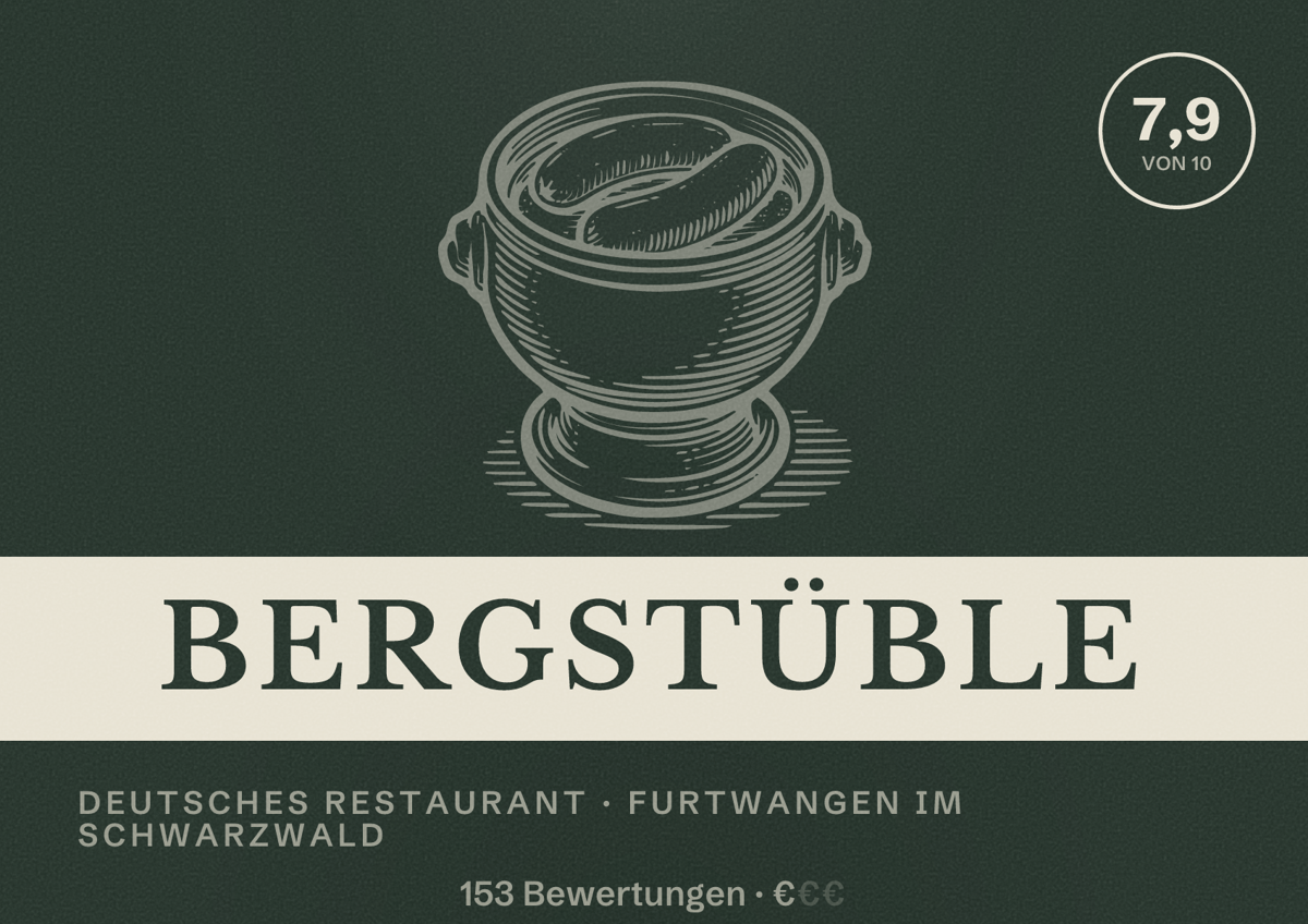 Illustriertes Poster von Bergstüble, Deutsches Restaurant in Furtwangen im Schwarzwald: Bewertung 7,9 von 10 aus 153 Bewertungen, Preisniveau €
