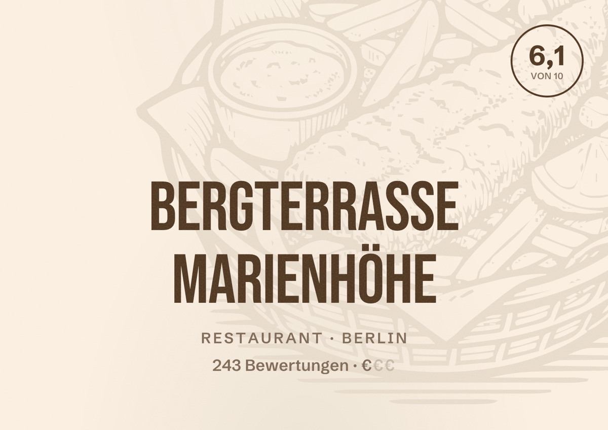 Illustriertes Poster von Bergterrasse Marienhöhe, Restaurant in Berlin: Bewertung 6,1 von 10 aus 243 Bewertungen, Preisniveau €