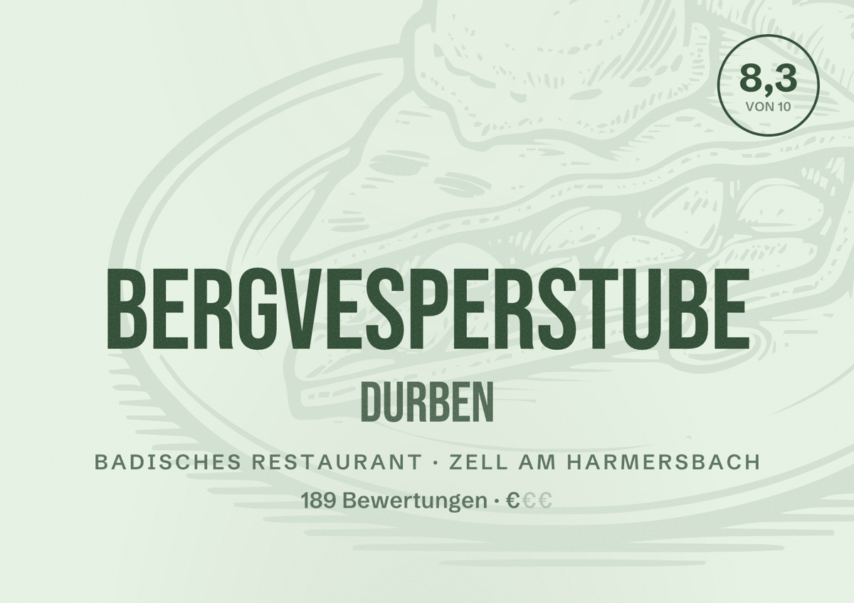 Illustriertes Poster von Bergvesperstube Durben, Badisches Restaurant in Zell am Harmersbach: Bewertung 8,3 von 10 aus 189 Bewertungen, Preisniveau €
