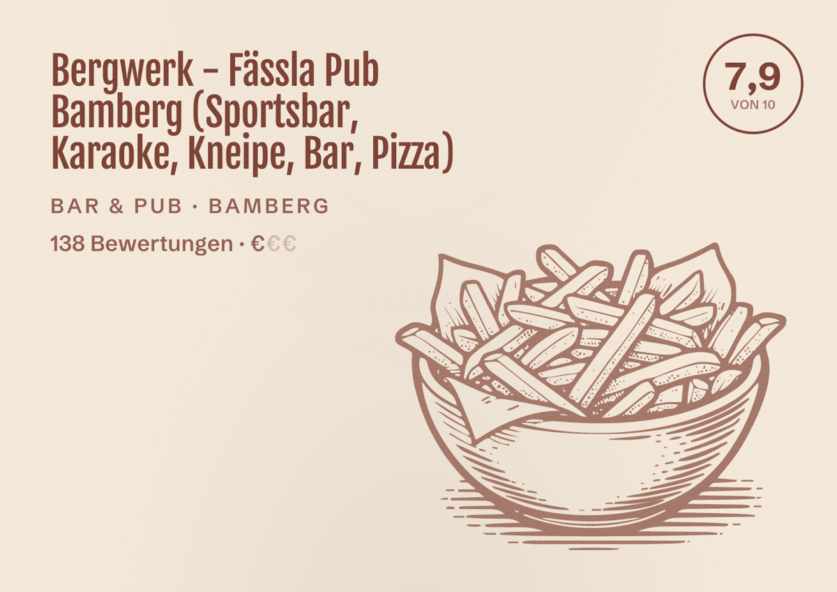 Illustriertes Poster von Bergwerk - Fässla Pub Bamberg (Sportsbar, Karaoke, Kneipe, Bar, Pizza), Bar & Pub in Bamberg: Bewertung 7,9 von 10 aus 138 Bewertungen, Preisniveau €
