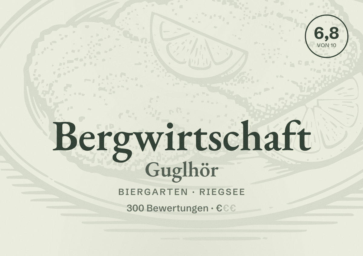 Illustriertes Poster von Bergwirtschaft Guglhör, Biergarten in Riegsee: Bewertung 6,8 von 10 aus 300 Bewertungen, Preisniveau €