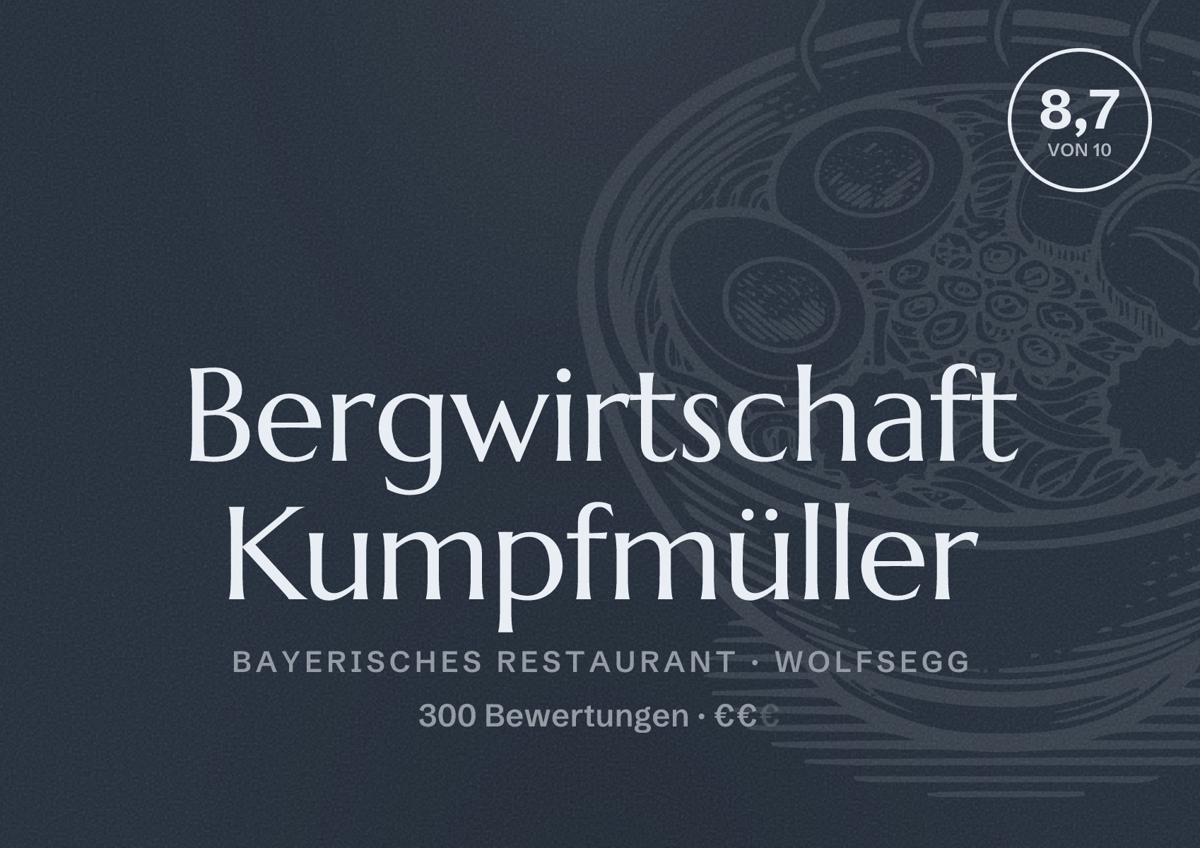Illustriertes Poster von Bergwirtschaft Kumpfmüller, Bayerisches Restaurant in Wolfsegg: Bewertung 8,7 von 10 aus 300 Bewertungen, Preisniveau €€