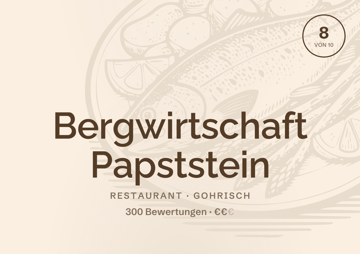 Illustriertes Poster von Bergwirtschaft Papststein, Restaurant in Gohrisch: Bewertung 8 von 10 aus 300 Bewertungen, Preisniveau €€