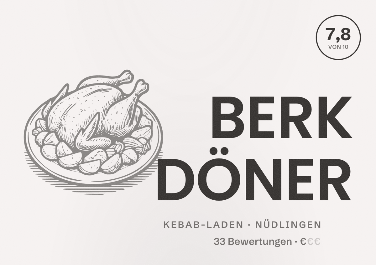 Illustriertes Poster von BERK DÖNER, Kebab-Laden in Nüdlingen: Bewertung 7,8 von 10 aus 33 Bewertungen, Preisniveau €