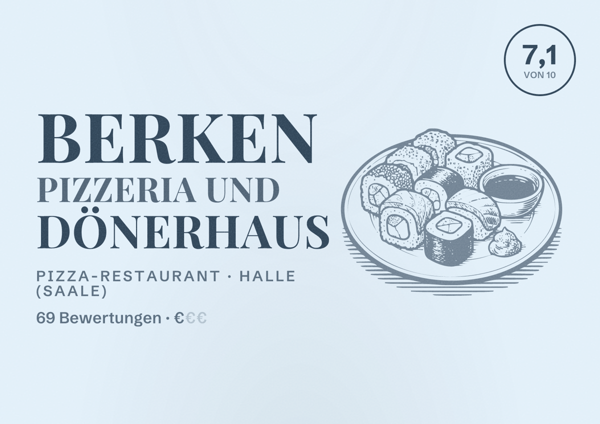 Illustriertes Poster von Berken Pizzeria und Dönerhaus, Pizza-Restaurant in Halle (Saale): Bewertung 7,1 von 10 aus 69 Bewertungen, Preisniveau €