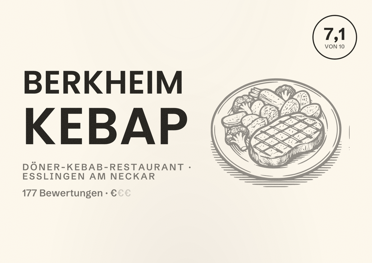Illustriertes Poster von Berkheim Kebap, Döner-Kebab-Restaurant in Esslingen am Neckar: Bewertung 7,1 von 10 aus 177 Bewertungen, Preisniveau €