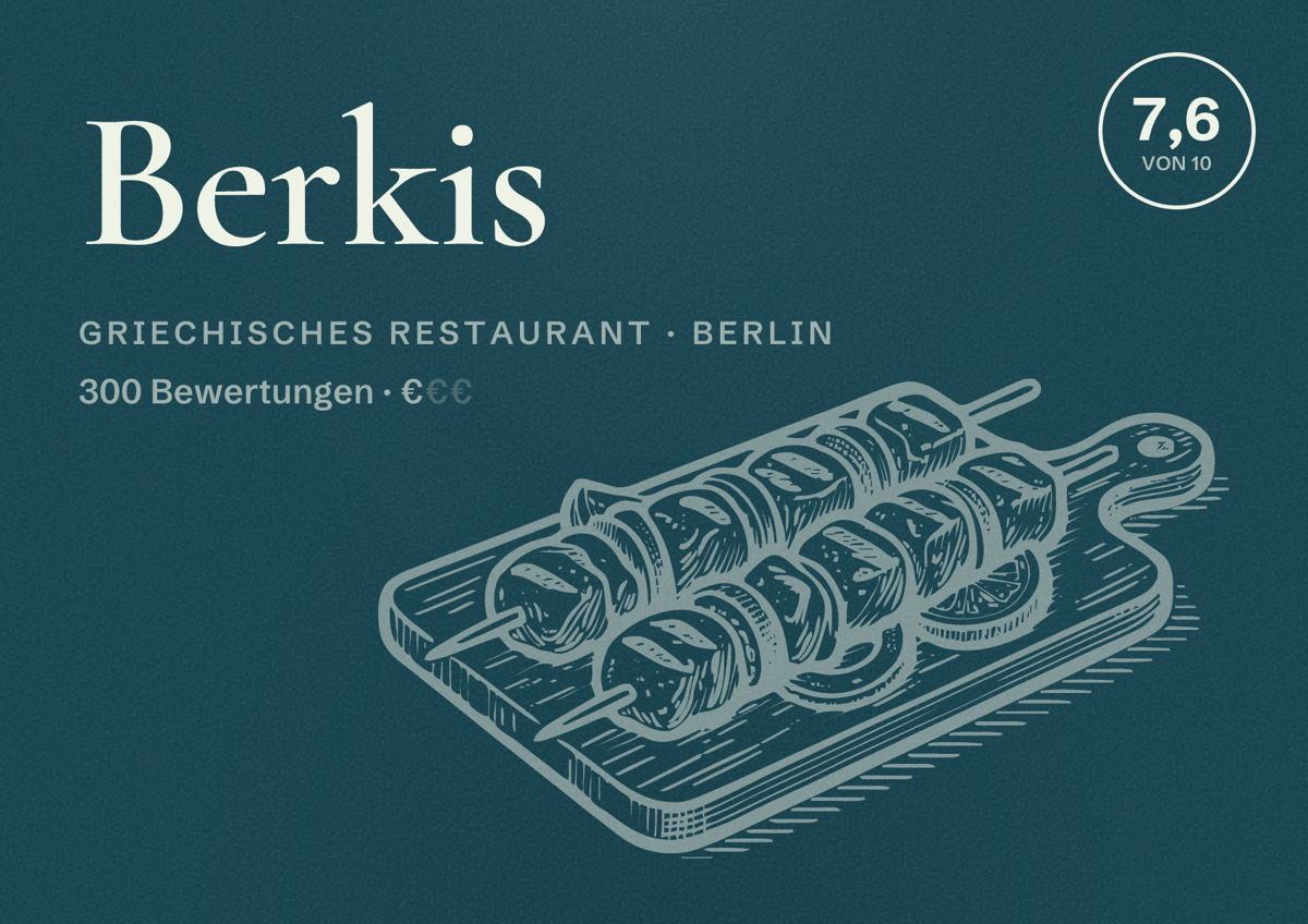 Illustriertes Poster von Berkis, Griechisches Restaurant in Berlin: Bewertung 7,6 von 10 aus 300 Bewertungen, Preisniveau €