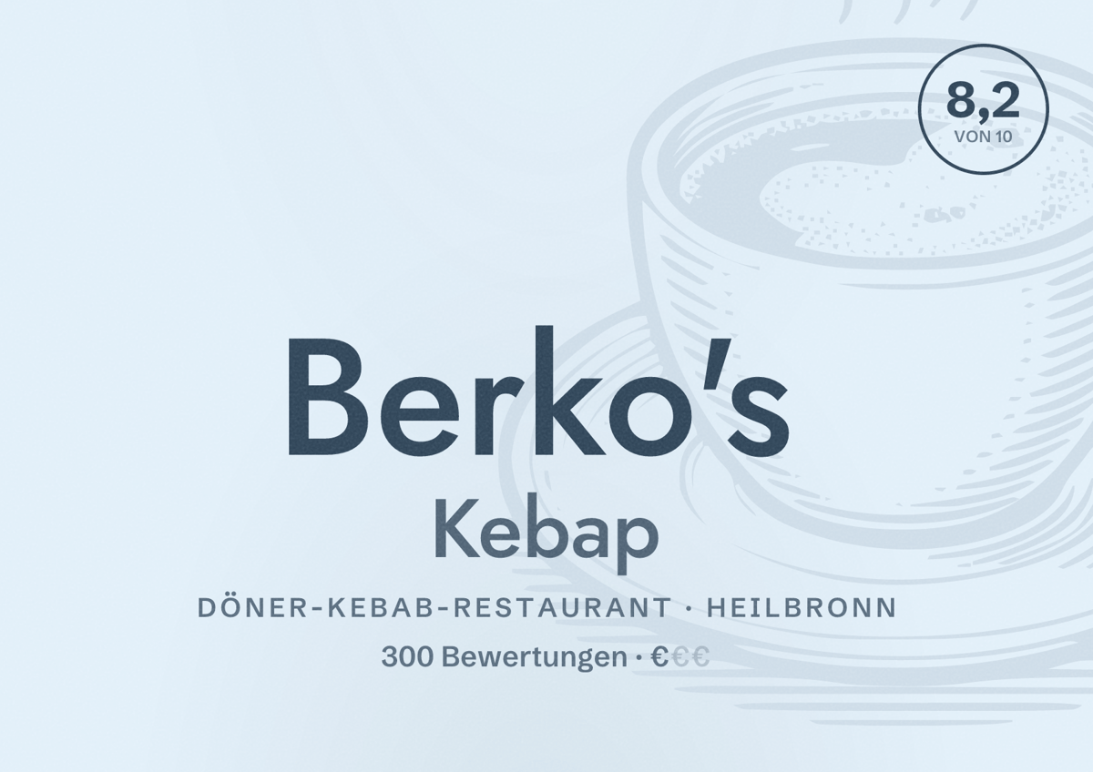 Illustriertes Poster von Berko's Kebap, Döner-Kebab-Restaurant in Heilbronn: Bewertung 8,2 von 10 aus 300 Bewertungen, Preisniveau €