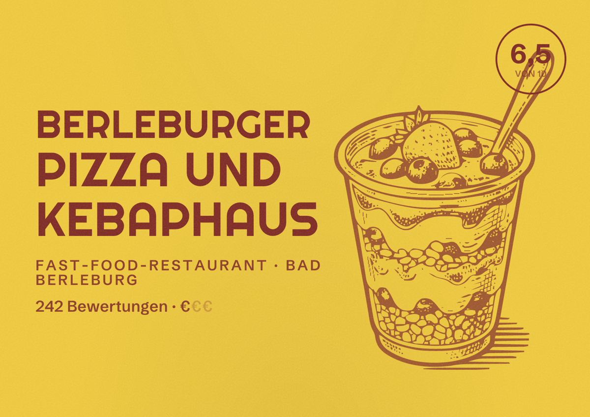 Illustriertes Poster von Berleburger Pizza und Kebaphaus, Fast-Food-Restaurant in Bad Berleburg: Bewertung 6,5 von 10 aus 242 Bewertungen, Preisniveau €