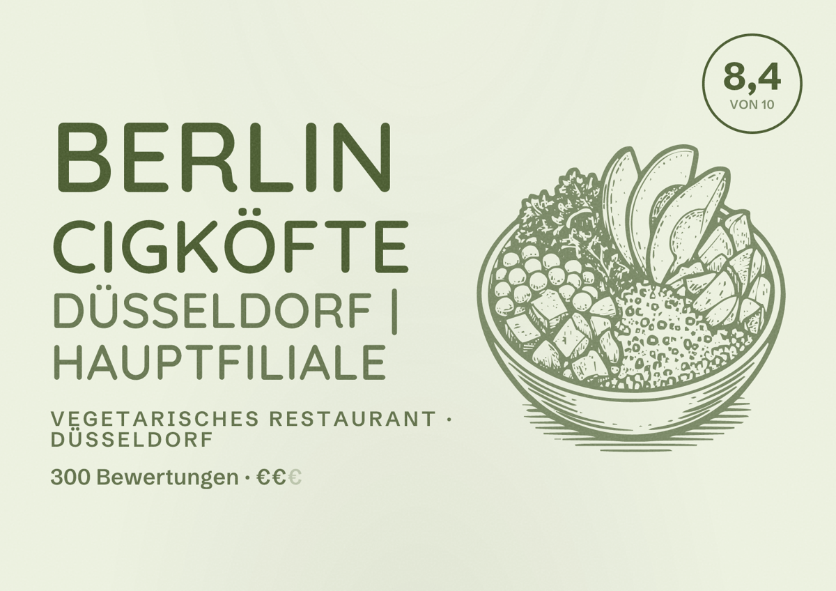 Illustriertes Poster von Berlin Cigköfte Düsseldorf | Hauptfiliale, Vegetarisches Restaurant in Düsseldorf: Bewertung 8,4 von 10 aus 300 Bewertungen, Preisniveau €€