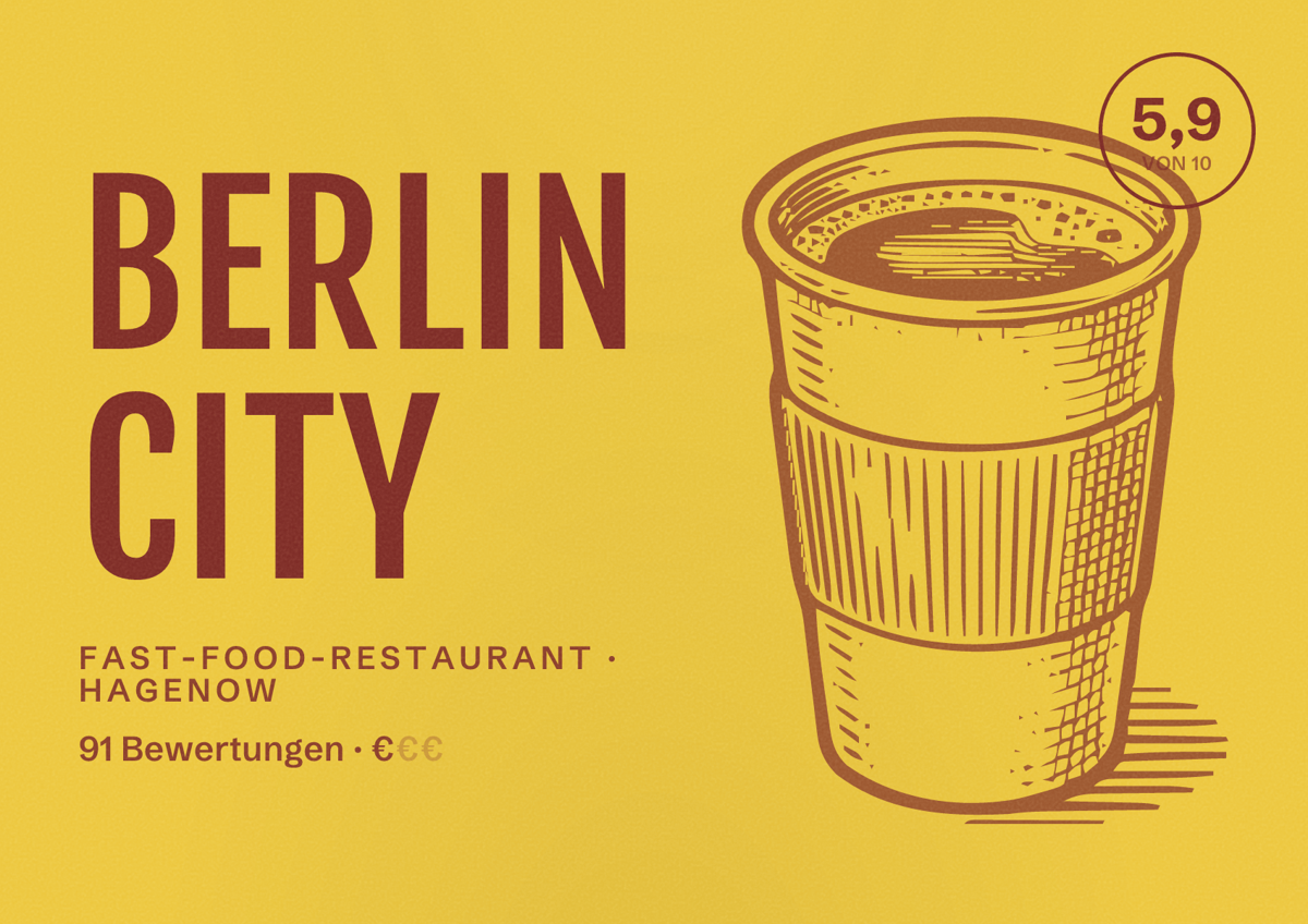 Illustriertes Poster von Berlin City, Fast-Food-Restaurant in Hagenow: Bewertung 5,9 von 10 aus 91 Bewertungen, Preisniveau €