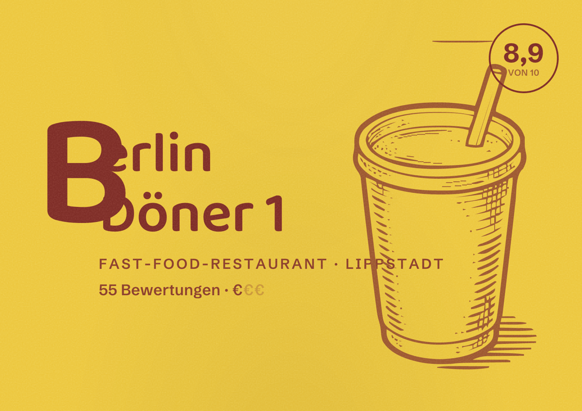 Illustriertes Poster von Berlin Döner 1, Fast-Food-Restaurant in Lippstadt: Bewertung 8,9 von 10 aus 55 Bewertungen, Preisniveau €