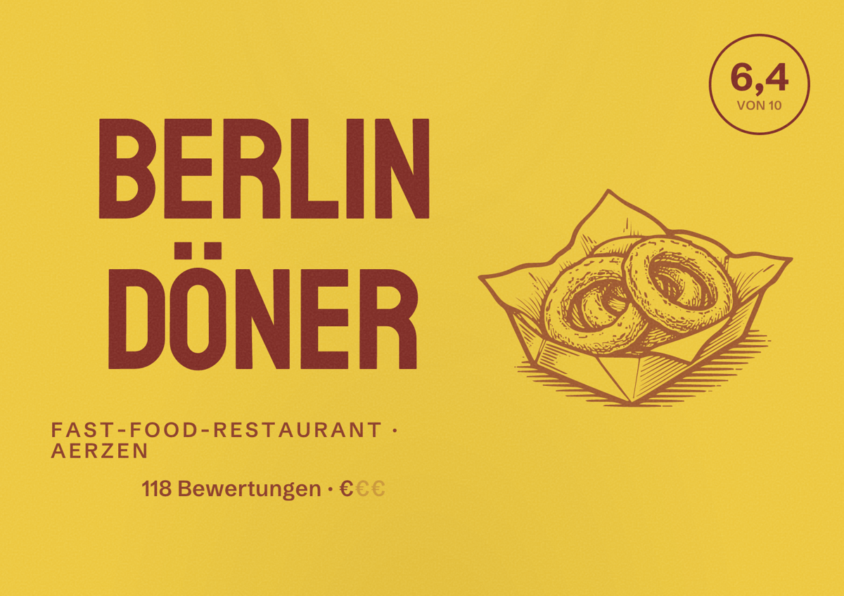Illustriertes Poster von Berlin Döner, Fast-Food-Restaurant in Aerzen: Bewertung 6,4 von 10 aus 118 Bewertungen, Preisniveau €