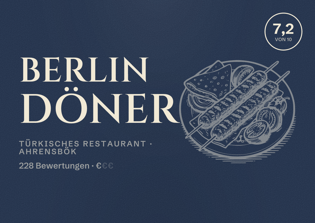 Illustriertes Poster von Berlin döner, Türkisches Restaurant in Ahrensbök: Bewertung 7,2 von 10 aus 228 Bewertungen, Preisniveau €
