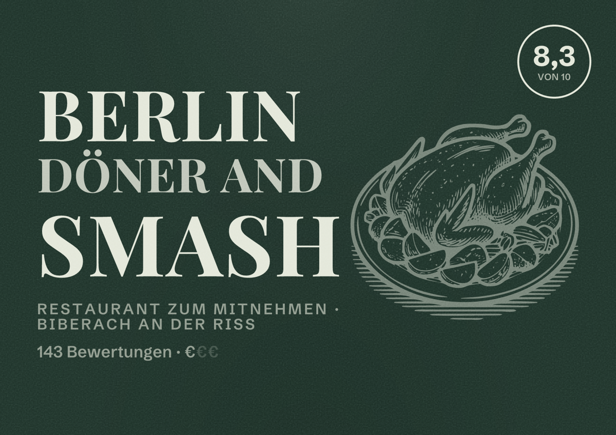 Illustriertes Poster von Berlin Döner and Smash, Restaurant zum Mitnehmen in Biberach an der Riß: Bewertung 8,3 von 10 aus 143 Bewertungen, Preisniveau €
