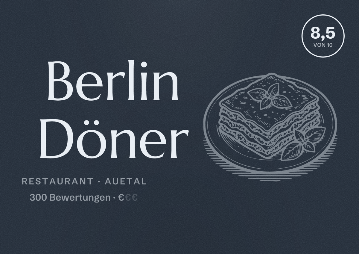 Illustriertes Poster von Berlin Döner, Restaurant in Auetal: Bewertung 8,5 von 10 aus 300 Bewertungen, Preisniveau €