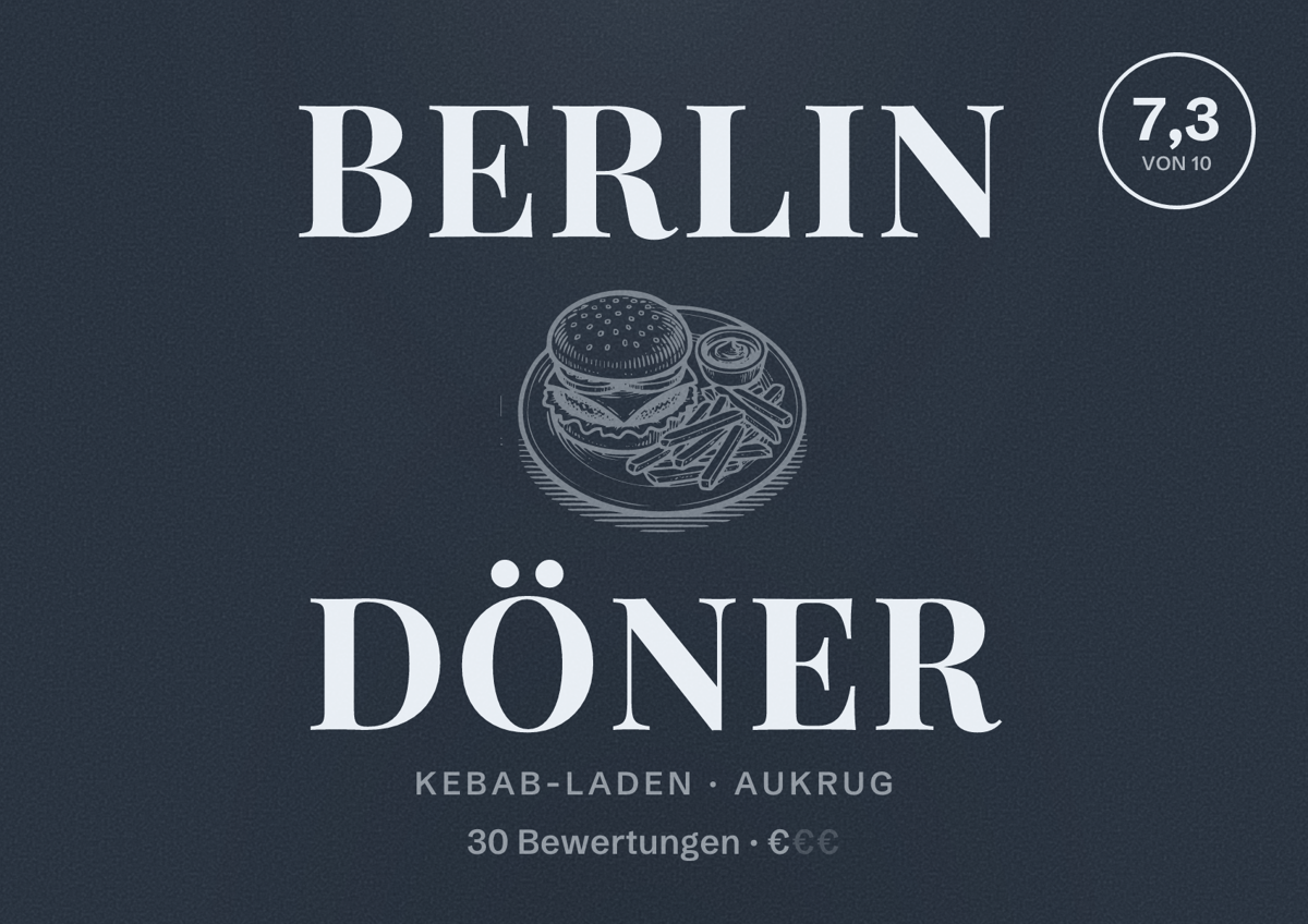 Illustriertes Poster von Berlin Döner, Kebab-Laden in Aukrug: Bewertung 7,3 von 10 aus 30 Bewertungen, Preisniveau €