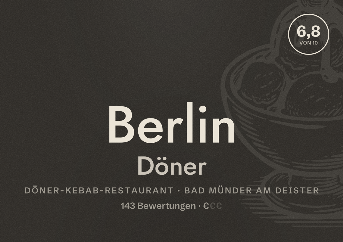 Illustriertes Poster von Berlin Döner, Döner-Kebab-Restaurant in Bad Münder am Deister: Bewertung 6,8 von 10 aus 143 Bewertungen, Preisniveau €