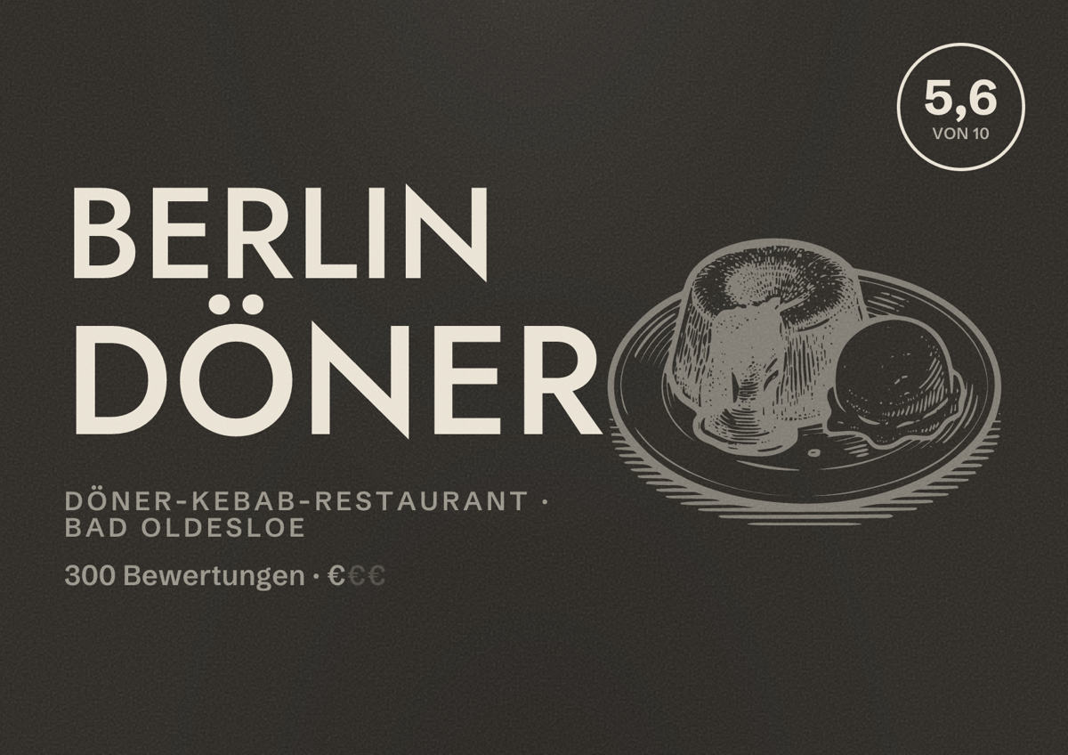 Illustriertes Poster von Berlin Döner, Döner-Kebab-Restaurant in Bad Oldesloe: Bewertung 5,6 von 10 aus 300 Bewertungen, Preisniveau €