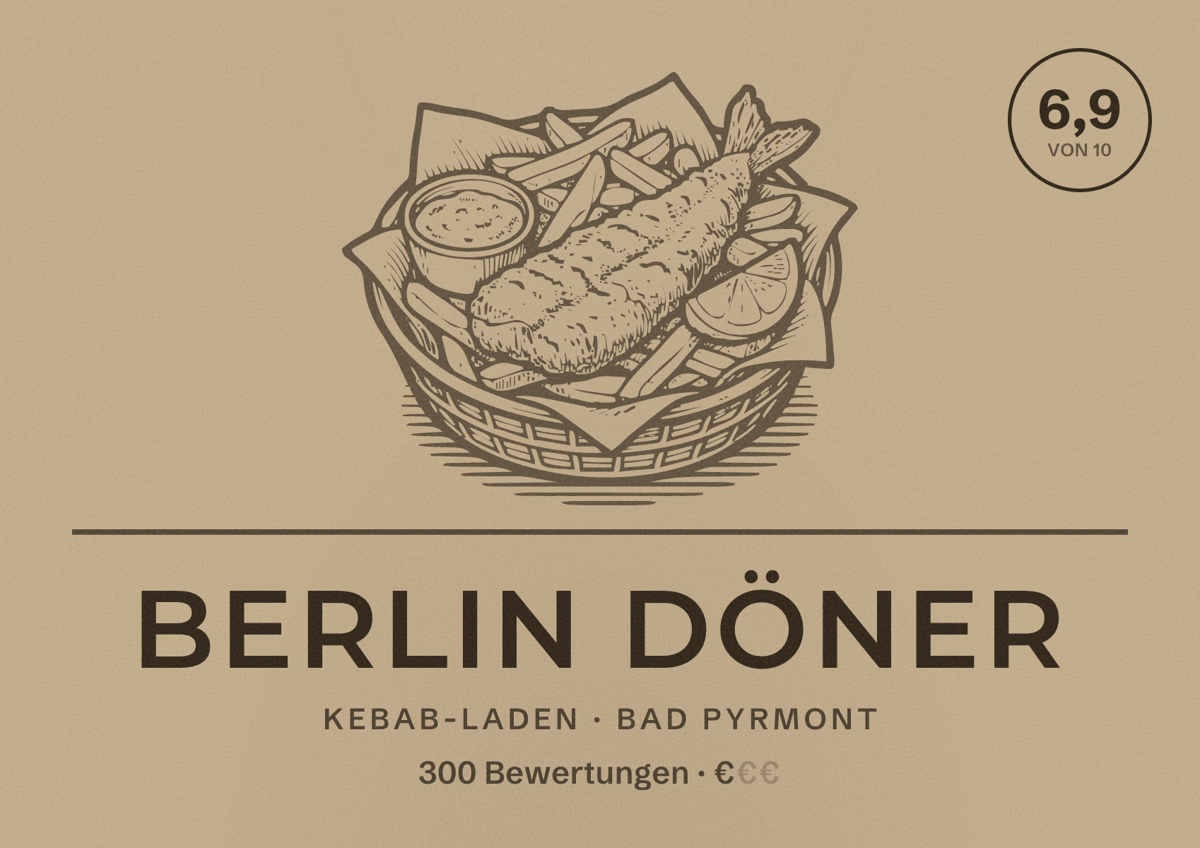 Illustriertes Poster von Berlin Döner, Kebab-Laden in Bad Pyrmont: Bewertung 6,9 von 10 aus 300 Bewertungen, Preisniveau €