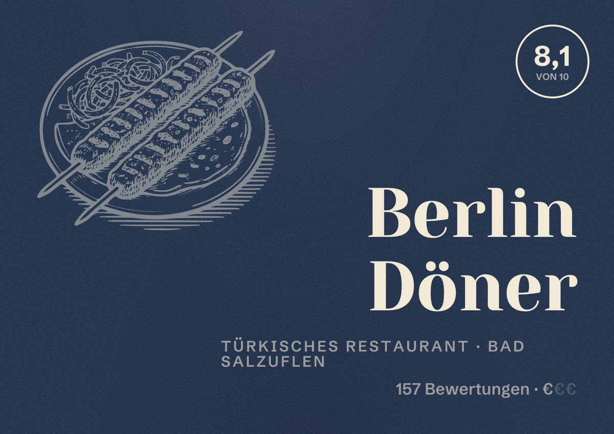Illustriertes Poster von Berlin Döner, Türkisches Restaurant in Bad Salzuflen: Bewertung 8,1 von 10 aus 157 Bewertungen, Preisniveau €