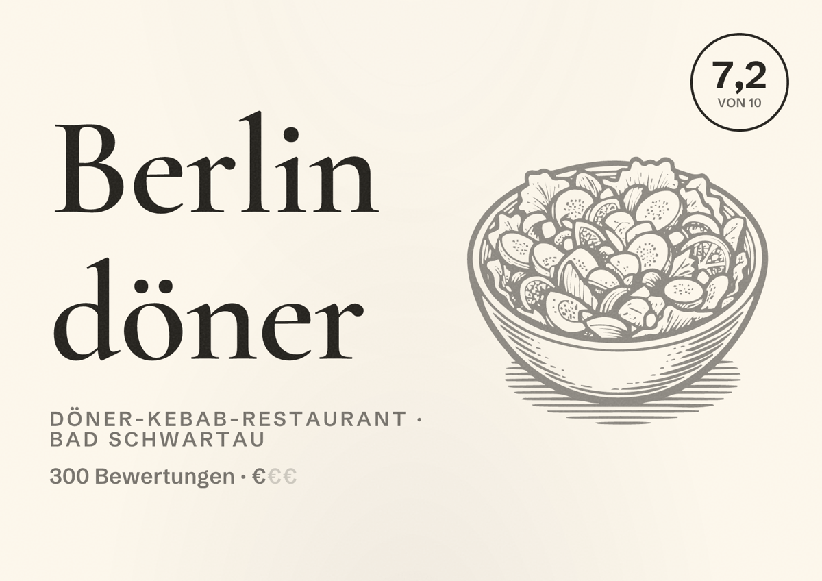 Illustriertes Poster von Berlin döner, Döner-Kebab-Restaurant in Bad Schwartau: Bewertung 7,2 von 10 aus 300 Bewertungen, Preisniveau €