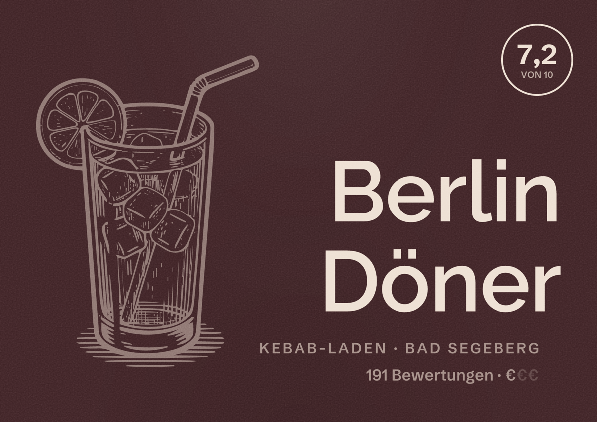 Illustriertes Poster von Berlin Döner, Kebab-Laden in Bad Segeberg: Bewertung 7,2 von 10 aus 191 Bewertungen, Preisniveau €