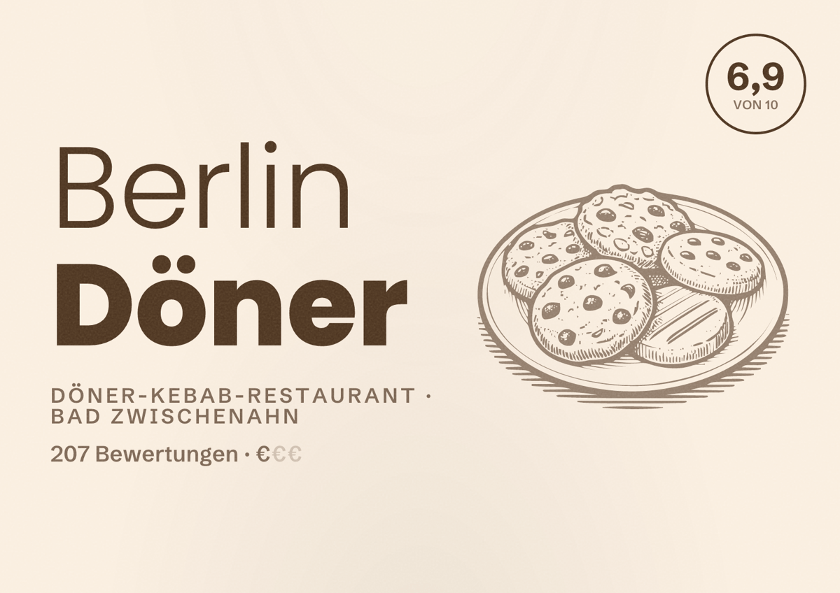 Illustriertes Poster von Berlin Döner, Döner-Kebab-Restaurant in Bad Zwischenahn: Bewertung 6,9 von 10 aus 207 Bewertungen, Preisniveau €