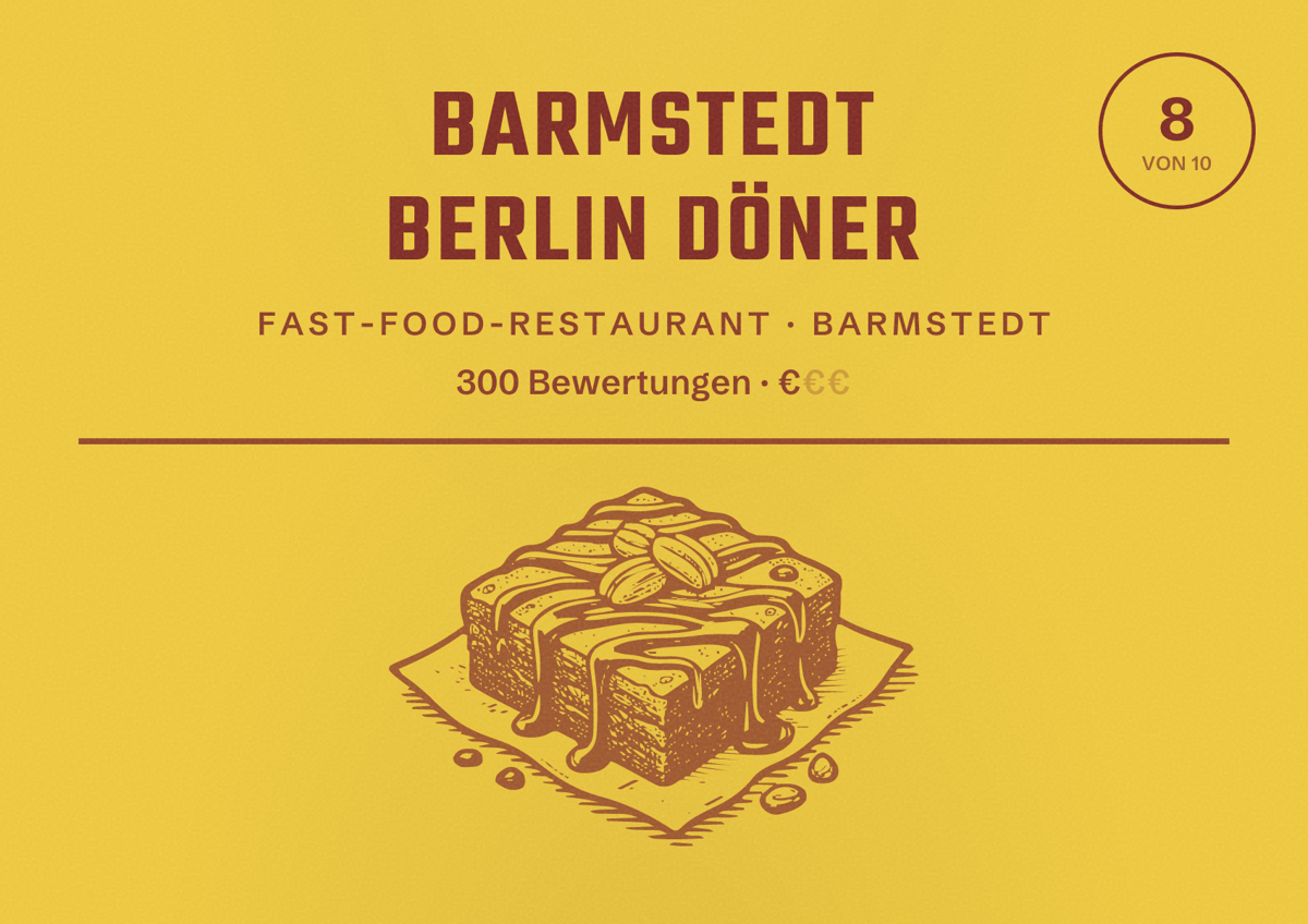Illustriertes Poster von Barmstedt Berlin Döner, Fast-Food-Restaurant in Barmstedt: Bewertung 8 von 10 aus 300 Bewertungen, Preisniveau €