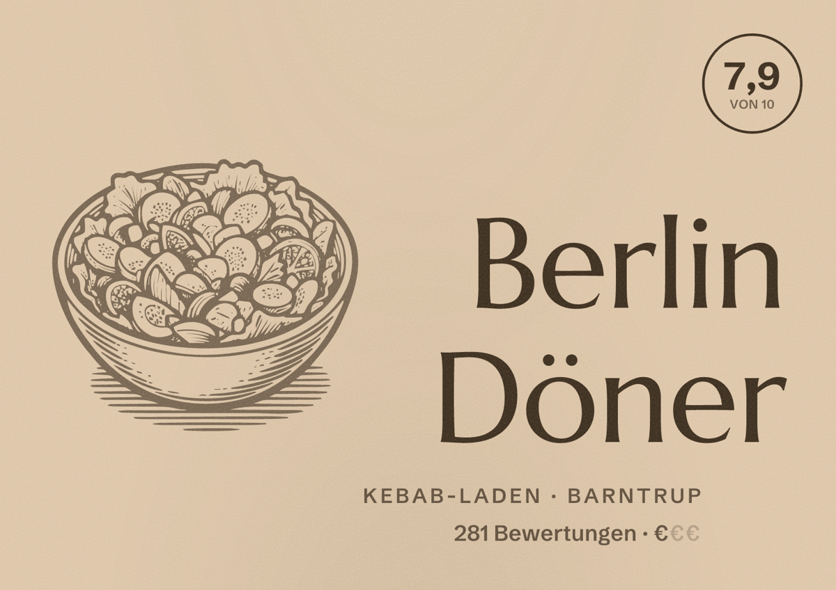 Illustriertes Poster von Berlin Döner, Kebab-Laden in Barntrup: Bewertung 7,9 von 10 aus 281 Bewertungen, Preisniveau €