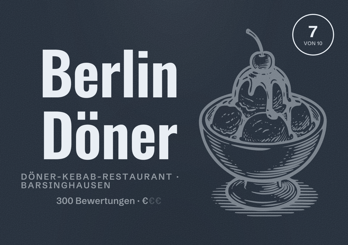 Illustriertes Poster von Berlin Döner, Döner-Kebab-Restaurant in Barsinghausen: Bewertung 7 von 10 aus 300 Bewertungen, Preisniveau €
