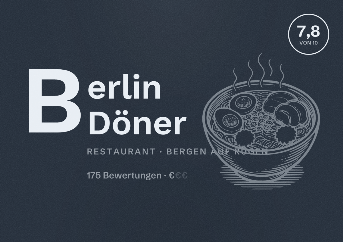 Illustriertes Poster von Berlin Döner, Restaurant in Bergen auf Rügen: Bewertung 7,8 von 10 aus 175 Bewertungen, Preisniveau €