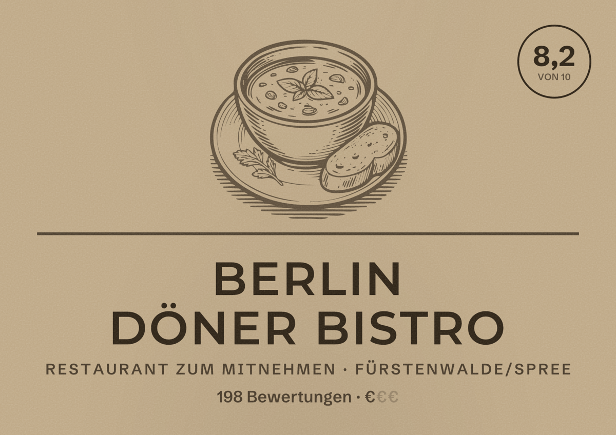 Illustriertes Poster von Berlin Döner Bistro, Restaurant zum Mitnehmen in Fürstenwalde/Spree: Bewertung 8,2 von 10 aus 198 Bewertungen, Preisniveau €