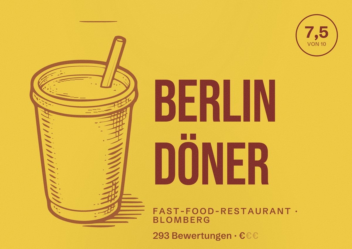 Illustriertes Poster von Berlin Döner, Fast-Food-Restaurant in Blomberg: Bewertung 7,5 von 10 aus 293 Bewertungen, Preisniveau €
