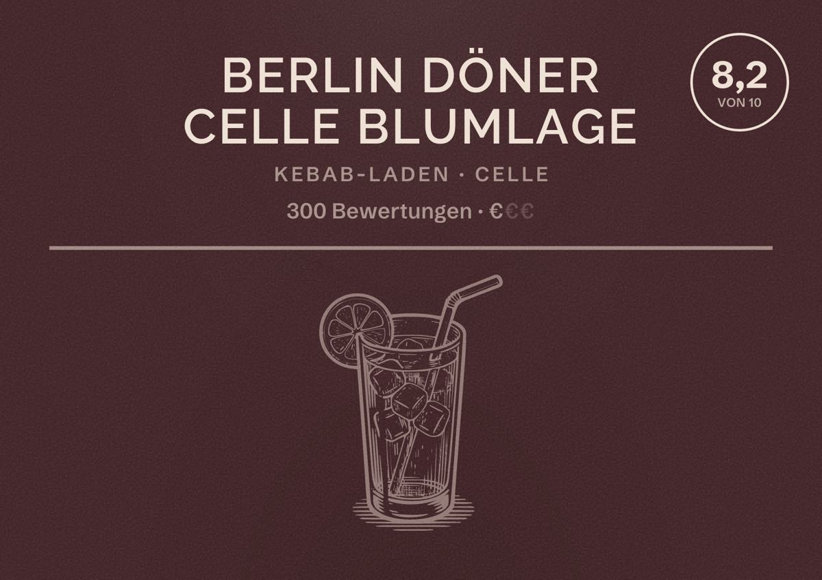 Illustriertes Poster von Berlin Döner Celle Blumlage, Kebab-Laden in Celle: Bewertung 8,2 von 10 aus 300 Bewertungen, Preisniveau €