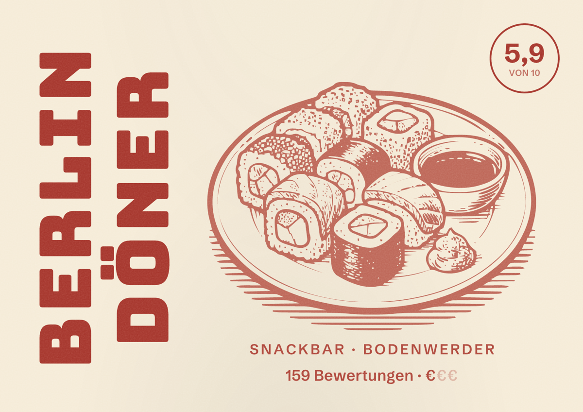 Illustriertes Poster von Berlin Döner, Snackbar in Bodenwerder: Bewertung 5,9 von 10 aus 159 Bewertungen, Preisniveau €