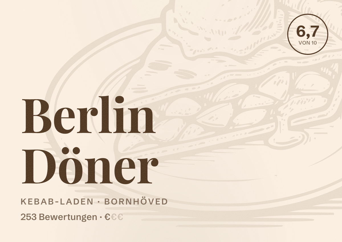 Illustriertes Poster von Berlin Döner, Kebab-Laden in Bornhöved: Bewertung 6,7 von 10 aus 253 Bewertungen, Preisniveau €