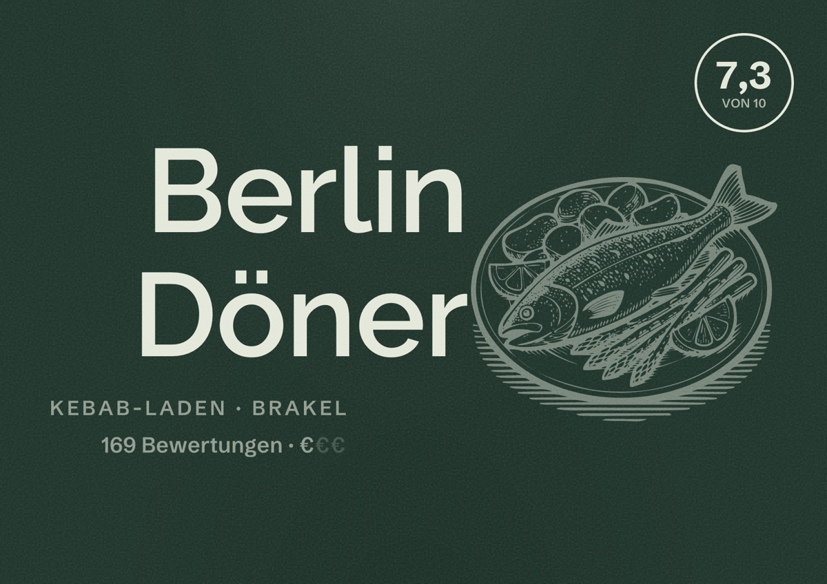 Illustriertes Poster von Berlin Döner, Kebab-Laden in Brakel: Bewertung 7,3 von 10 aus 169 Bewertungen, Preisniveau €