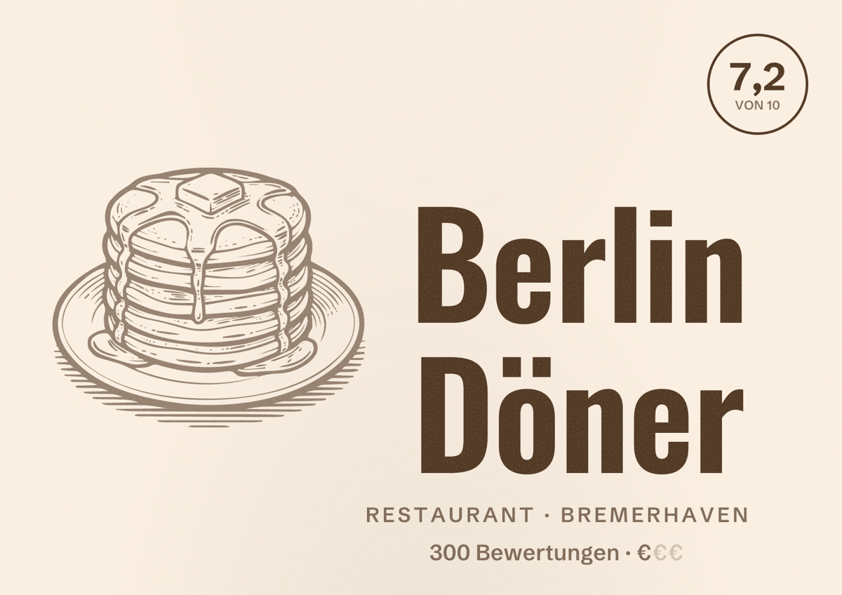 Illustriertes Poster von Berlin Döner, Restaurant in Bremerhaven: Bewertung 7,2 von 10 aus 300 Bewertungen, Preisniveau €