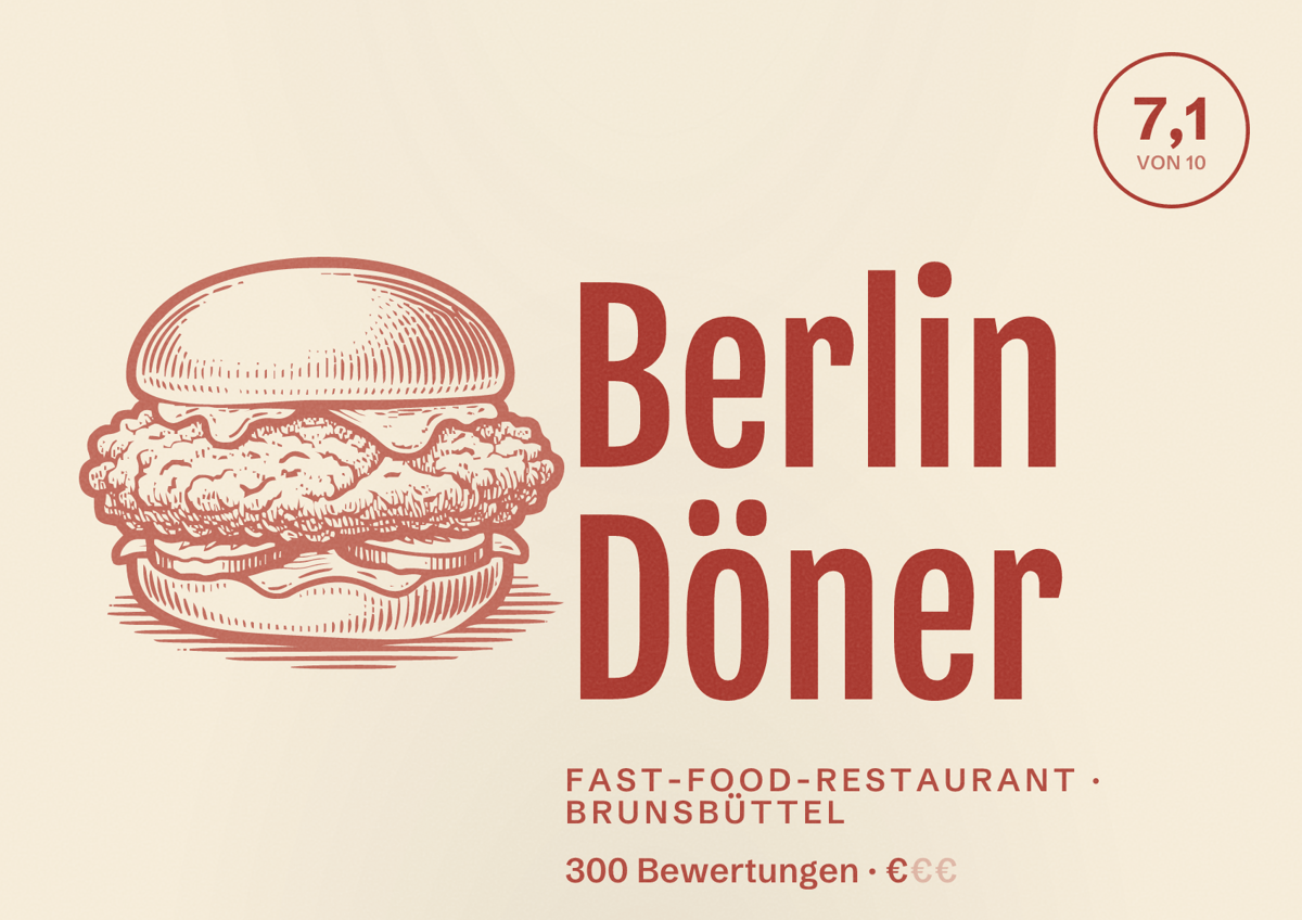 Illustriertes Poster von Berlin Döner, Fast-Food-Restaurant in Brunsbüttel: Bewertung 7,1 von 10 aus 300 Bewertungen, Preisniveau €