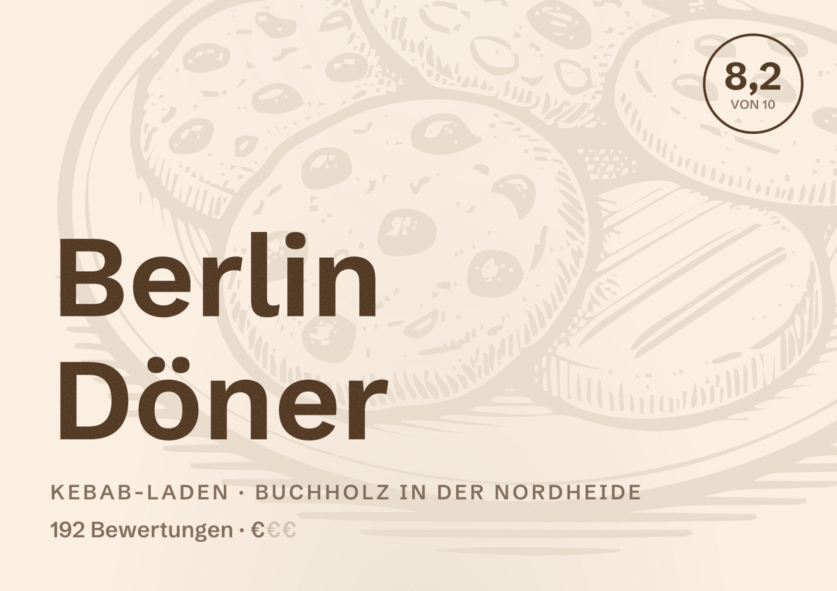 Illustriertes Poster von Berlin Döner, Kebab-Laden in Buchholz in der Nordheide: Bewertung 8,2 von 10 aus 192 Bewertungen, Preisniveau €