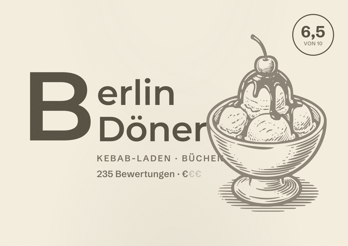 Illustriertes Poster von Berlin Döner, Kebab-Laden in Büchen: Bewertung 6,5 von 10 aus 235 Bewertungen, Preisniveau €