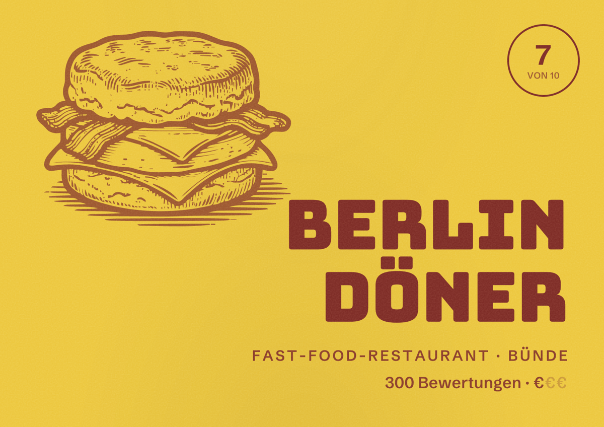 Illustriertes Poster von Berlin Döner, Fast-Food-Restaurant in Bünde: Bewertung 7 von 10 aus 300 Bewertungen, Preisniveau €