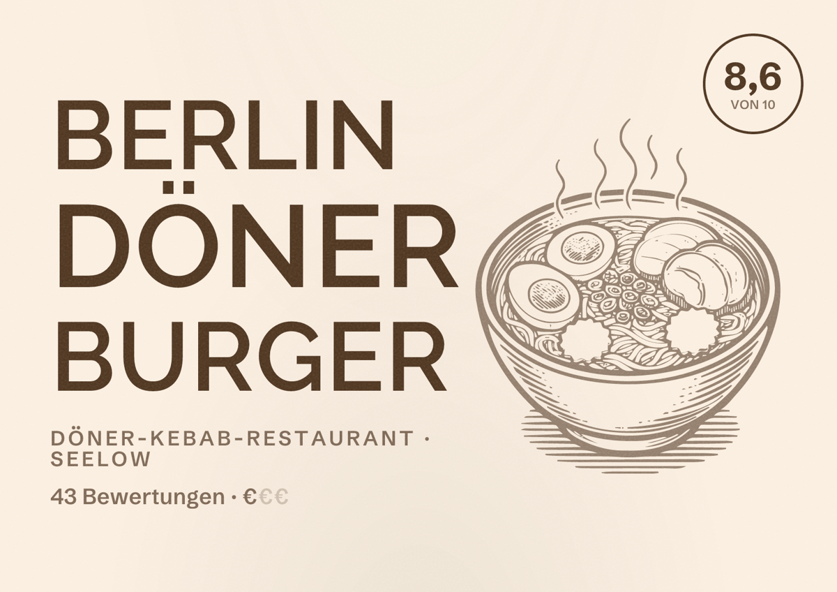 Illustriertes Poster von Berlin Döner Burger, Döner-Kebab-Restaurant in Seelow: Bewertung 8,6 von 10 aus 43 Bewertungen, Preisniveau €