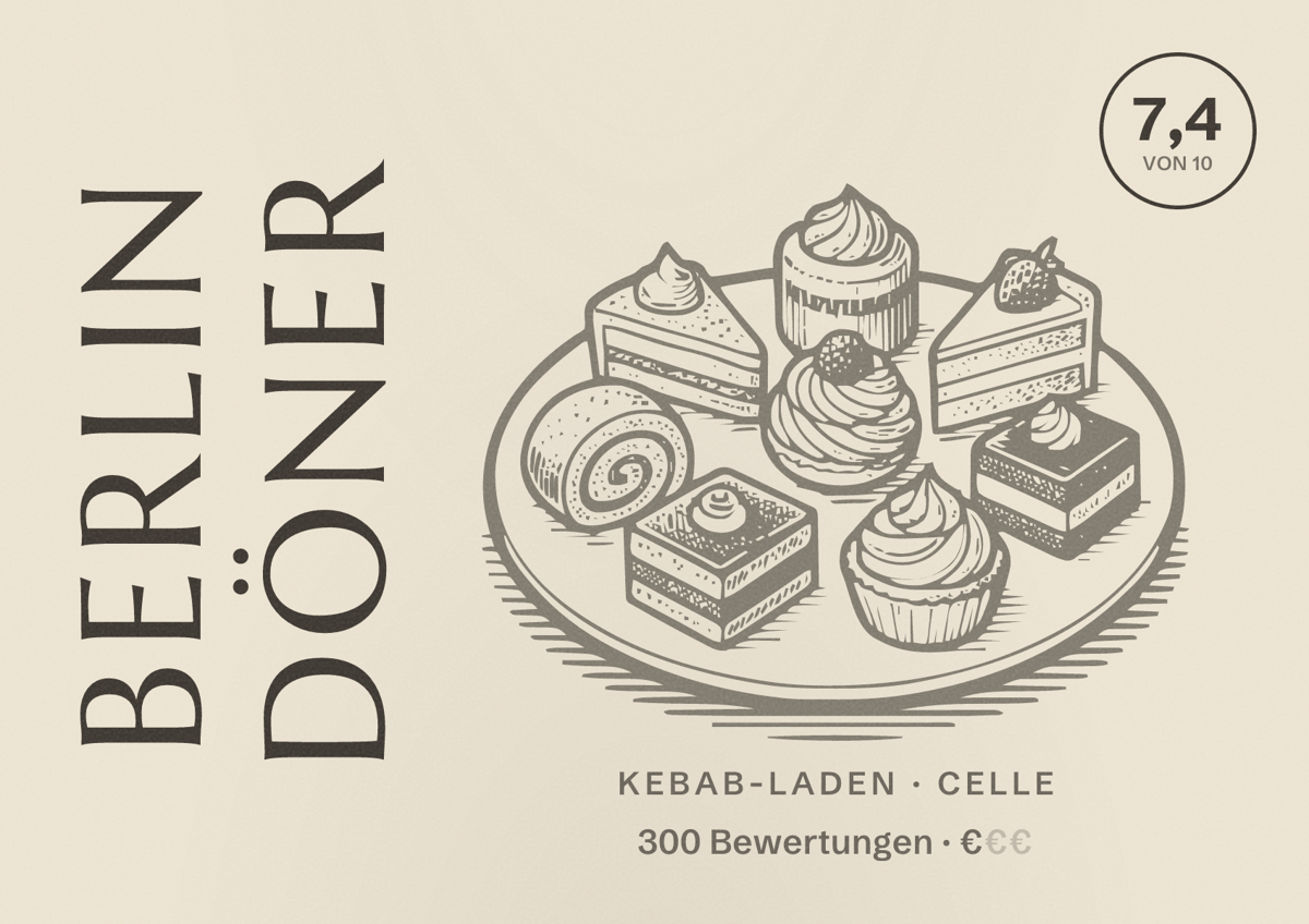 Illustriertes Poster von Berlin Döner, Kebab-Laden in Celle: Bewertung 7,4 von 10 aus 300 Bewertungen, Preisniveau €