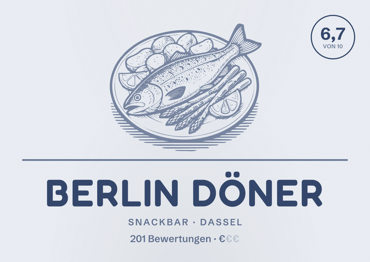 Illustriertes Poster von Berlin Döner, Snackbar in Dassel: Bewertung 6,7 von 10 aus 201 Bewertungen, Preisniveau €