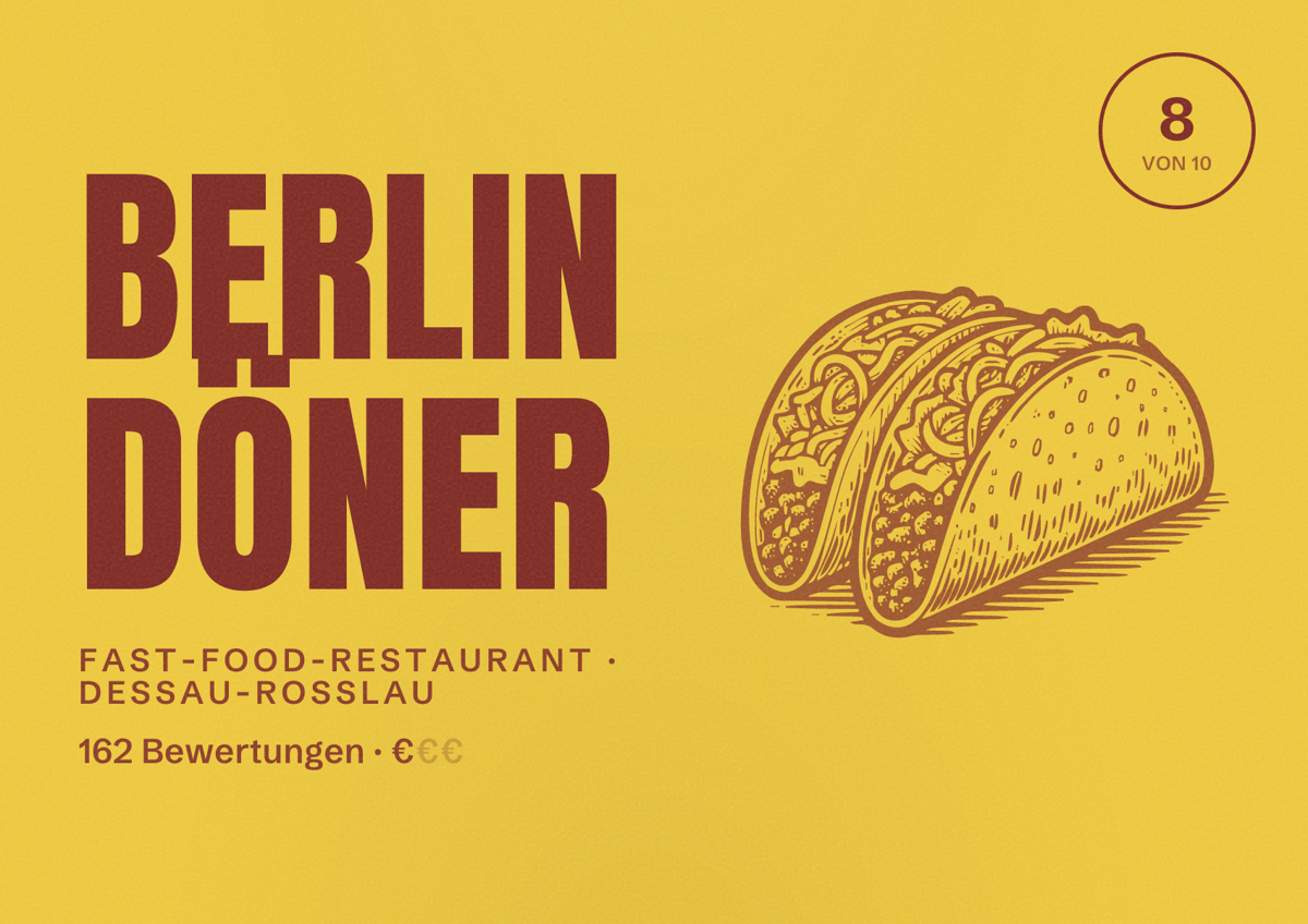 Illustriertes Poster von Berlin Döner, Fast-Food-Restaurant in Dessau-Roßlau: Bewertung 8 von 10 aus 162 Bewertungen, Preisniveau €